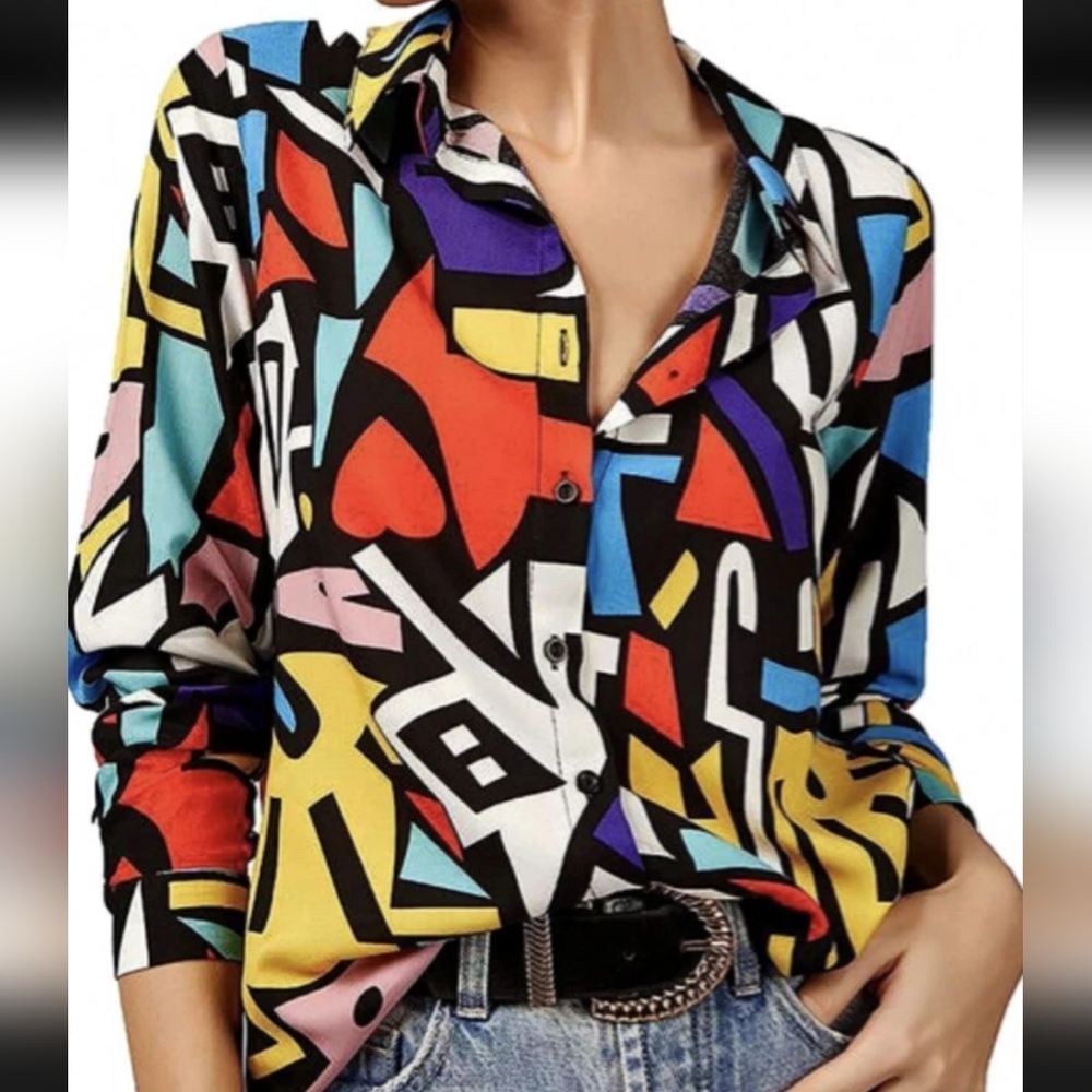Big Dart Geometric Abstract Art Print Button Shirt Top Size XL Y2K Funky Pop Art